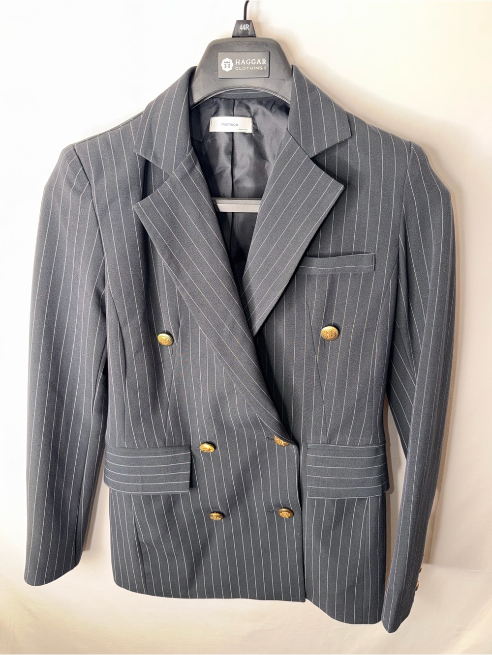 Pinstripe Double-Breasted Blazer with Gold Buttons - Charcoal